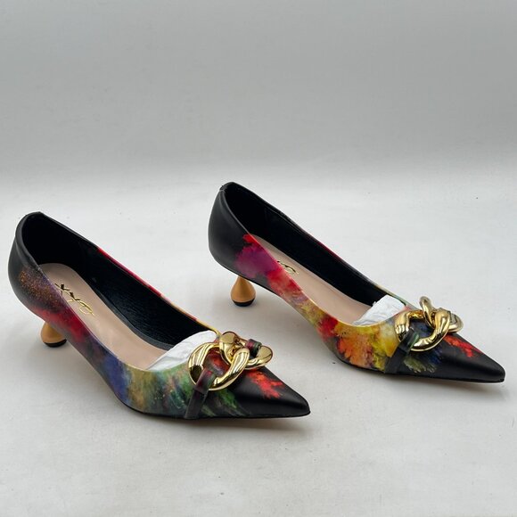 XYD Flame Fog Low Heel Pointed Toe Pumps with Metal Chain Solid Golden Heel Shoe - Picture 4 of 8